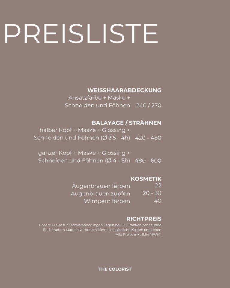 Preisliste Farbveränderung